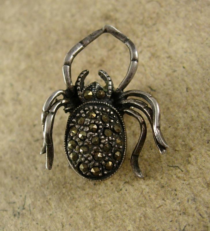 Vintage Sterling SPIDER Brooch Pendant marcasites silver pin