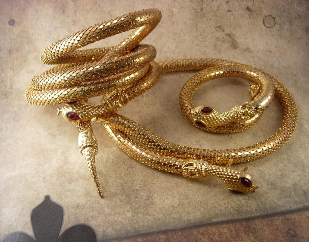 Vintage Snake Parure Bracelet necklace belt rhinestone eyes Egyptian goddess