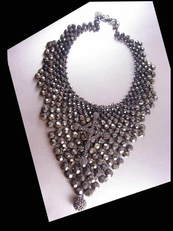 Hauntingly Dark Marcasite Cross Bib necklace Huge Gothic statement piece