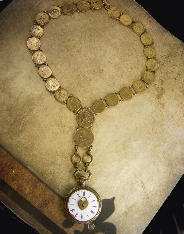 French Pocketwatch Fob Necklace napoleon coins Antique face