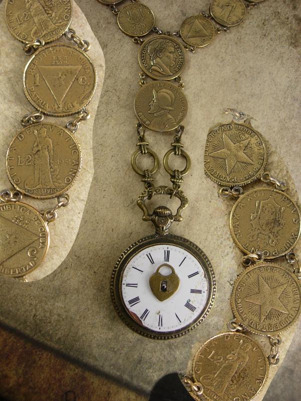 French Pocketwatch Fob Necklace napoleon coins Antique face