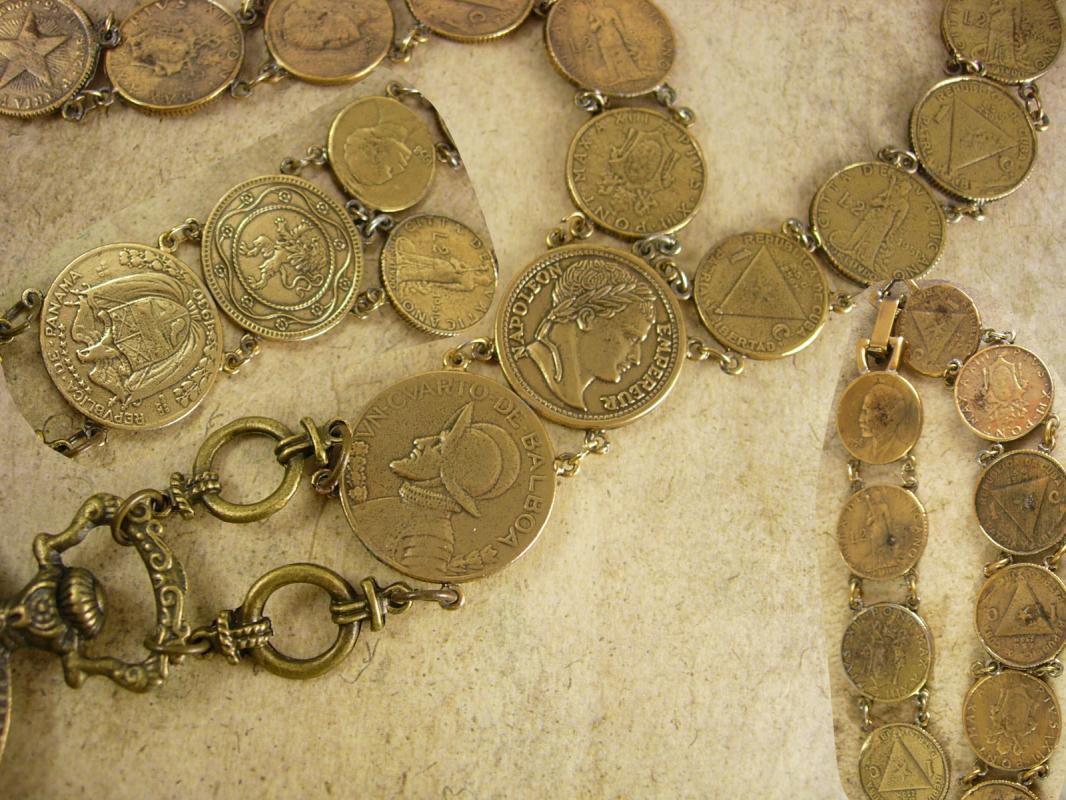 French Pocketwatch Fob Necklace napoleon coins Antique face