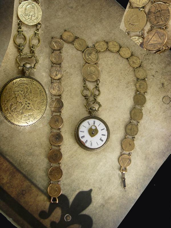 French Pocketwatch Fob Necklace napoleon coins Antique face