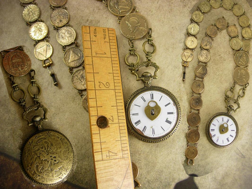 French Pocketwatch Fob Necklace napoleon coins Antique face