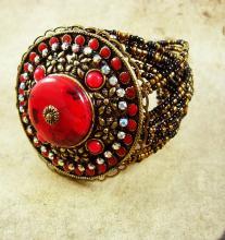 Fiery RED HUGE gypsy cuff bracelet bohemian rhinestones