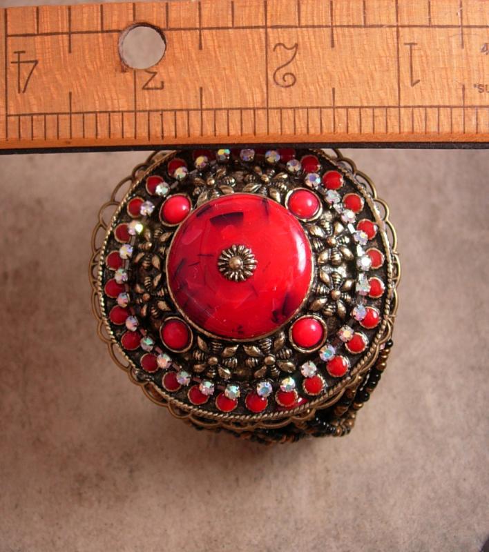 BOLD RED bracelet / HUGE medallion cuff / Red gypsy cuff / statement bracelet / Goddess cuff / bohemian rhinestones