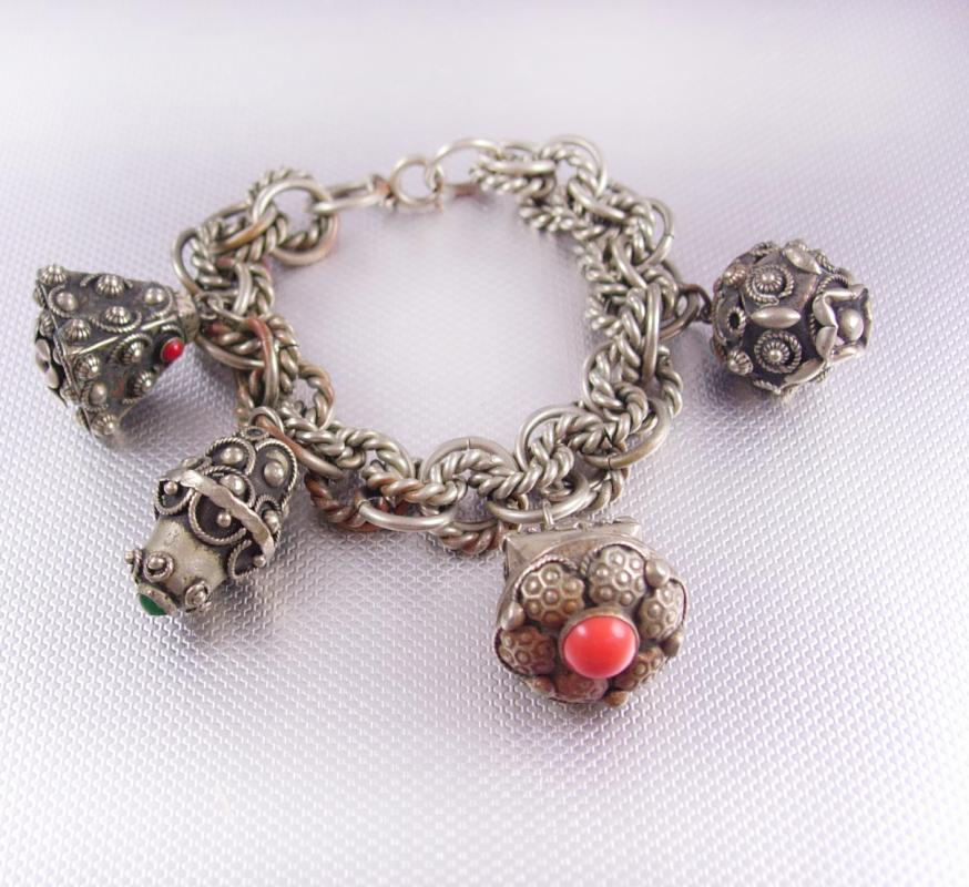 Vintage Egyptian Revival Etruscan charm bracelet HUGE fobs ornate detail