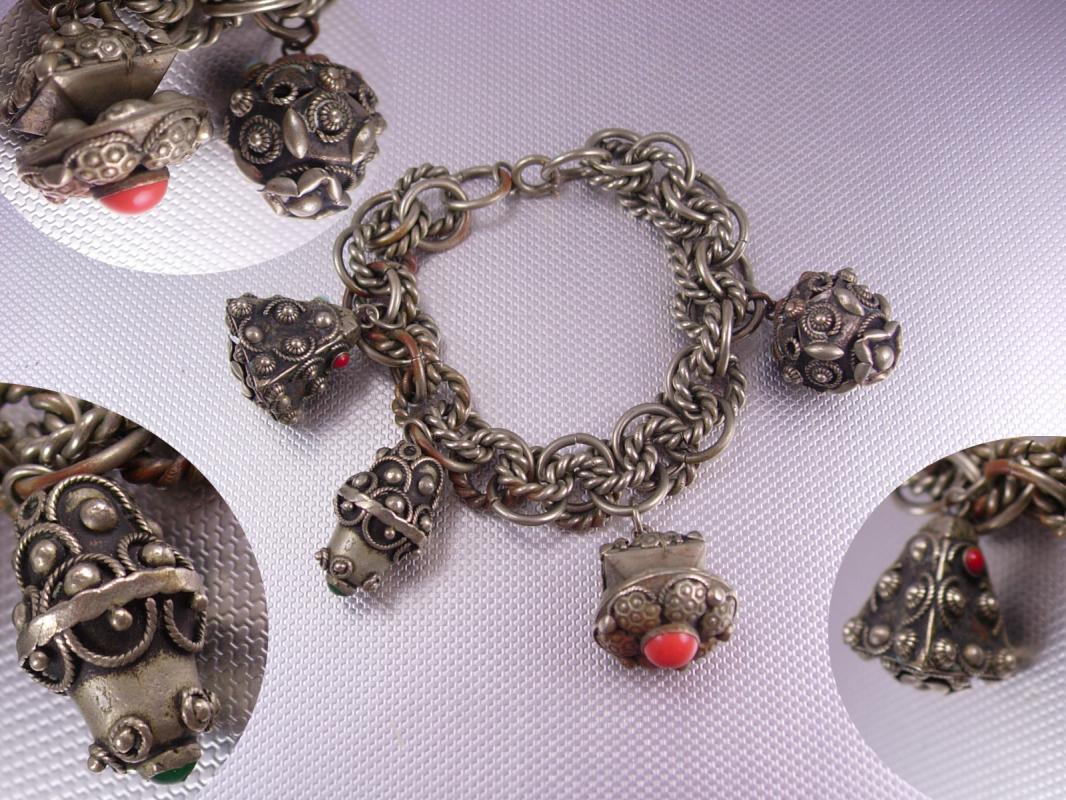 Vintage Egyptian Revival Etruscan charm bracelet HUGE fobs ornate detail
