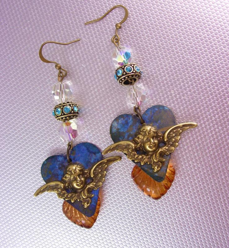 Victorian Cherub Heart earrings Dangle assemblage