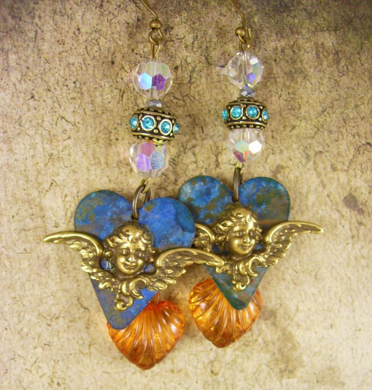 Victorian Cherub Heart earrings Dangle assemblage