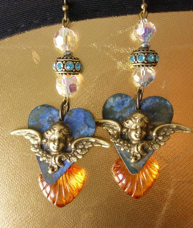 Victorian Cherub Heart earrings Dangle assemblage