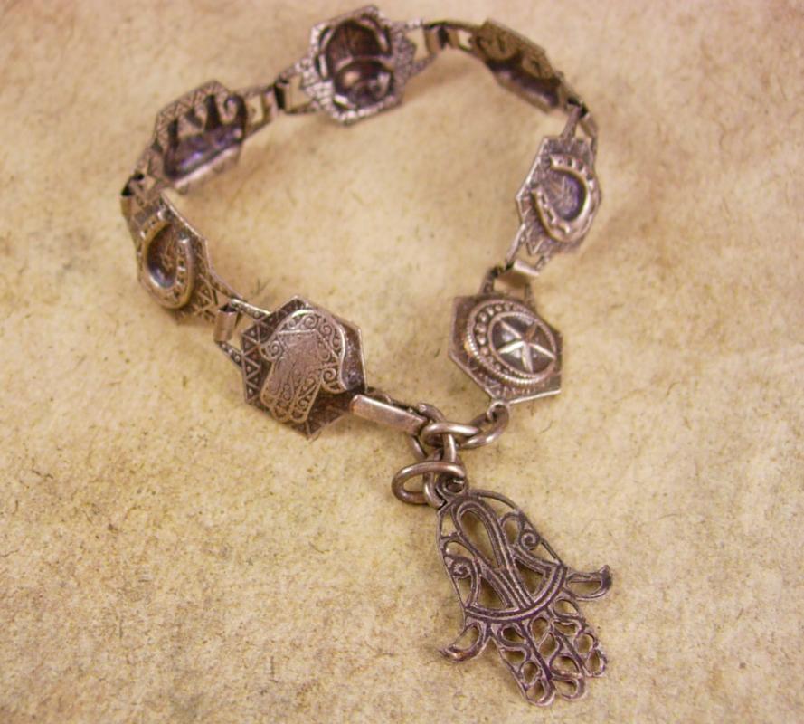 Vintage deco period Hamsa Bracelet Amulet hand scarab star elephant fob charm
