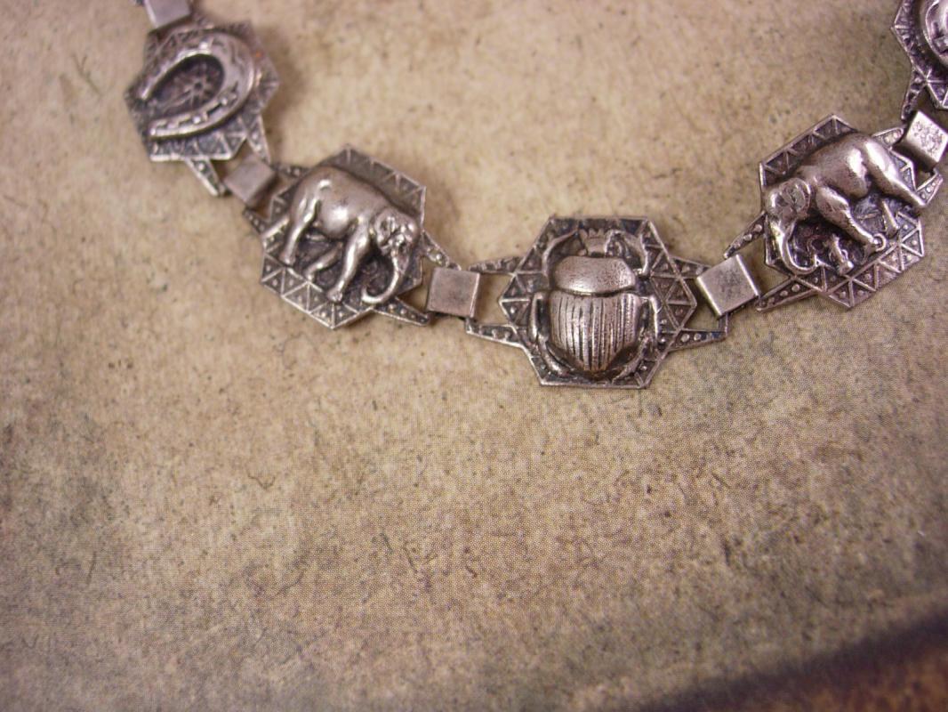 Vintage deco period Hamsa Bracelet Amulet hand scarab star elephant fob charm