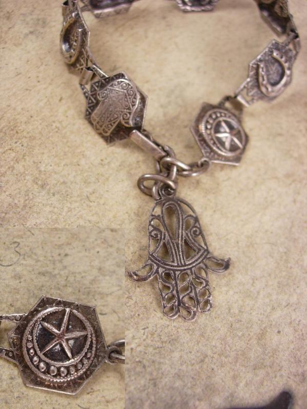 Vintage deco period Hamsa Bracelet Amulet hand scarab star elephant fob charm