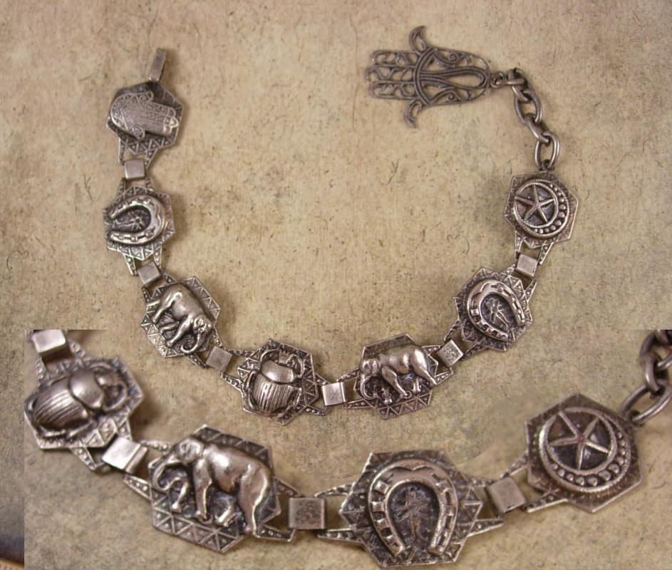 Vintage deco period Hamsa Bracelet Amulet hand scarab star elephant fob charm