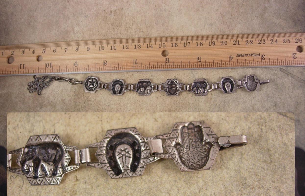 Vintage deco period Hamsa Bracelet Amulet hand scarab star elephant fob charm