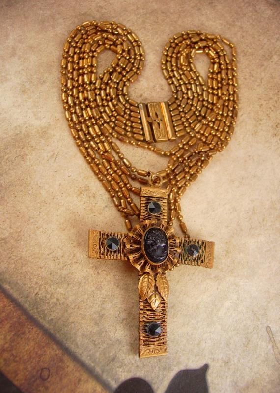 Antique Jet Cameo Cross Necklace Gothic baroque statement victorian mourning choker