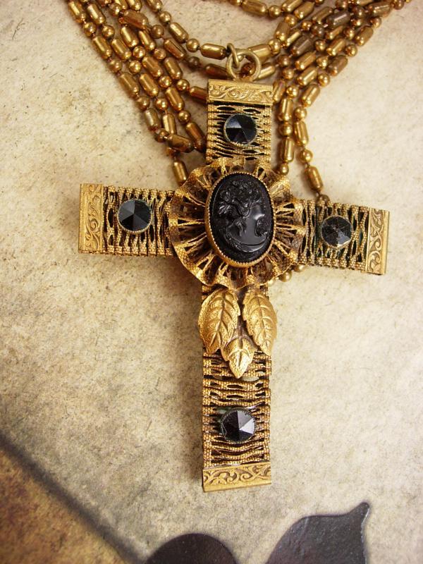 Antique Jet Cameo Cross Necklace Gothic baroque statement victorian mourning choker