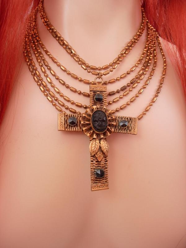 Antique Jet Cameo Cross Necklace Gothic baroque statement victorian mourning choker