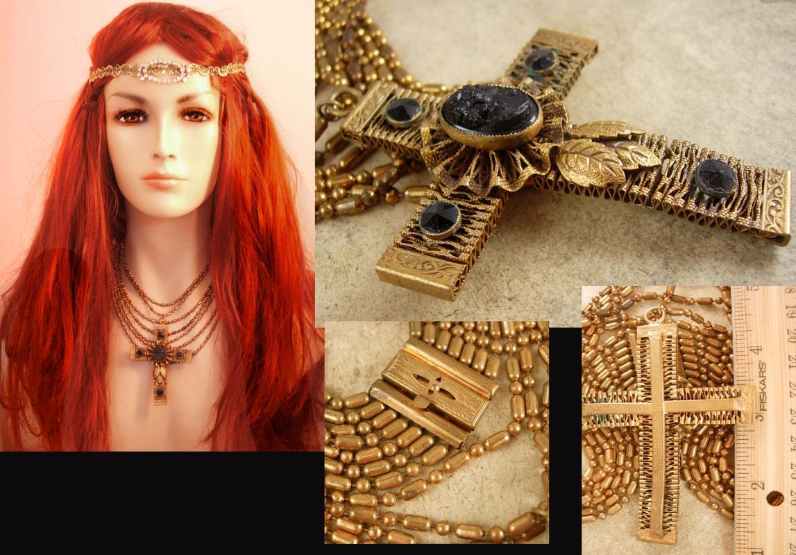 Antique Jet Cameo Cross Necklace Gothic baroque statement victorian mourning choker