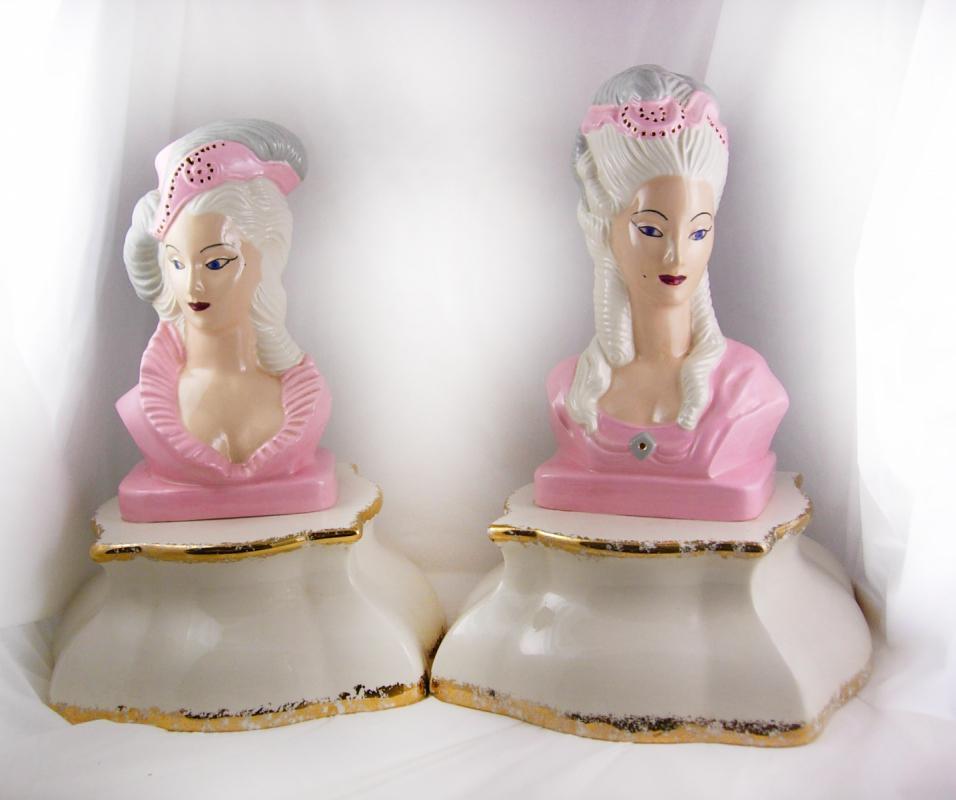 Vintage PINK Marie Antoinette Lamps statues signed french queen