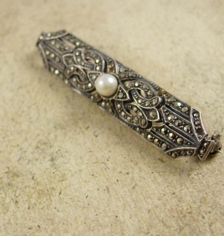 Vintage sterling pearl marcasite Brooch Art deco