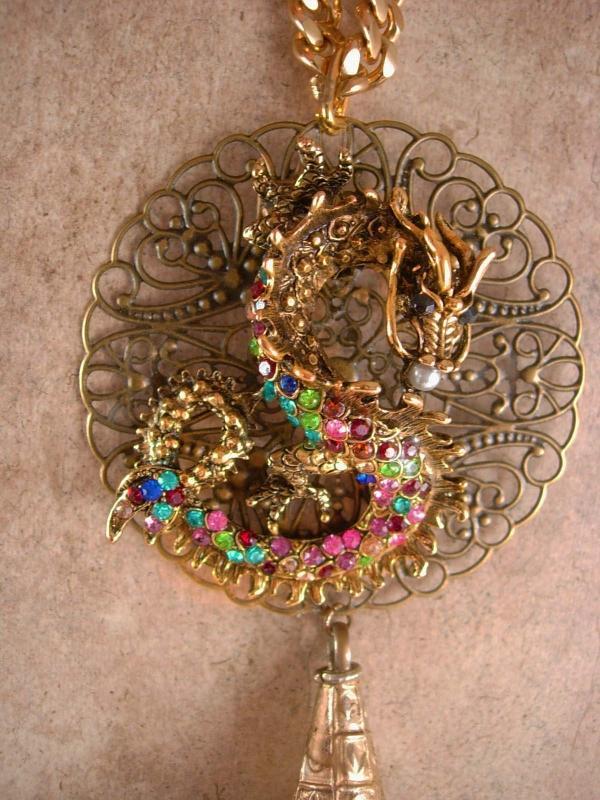 Chinese Rhinestone Dragon necklace with Tassel Statement necklace