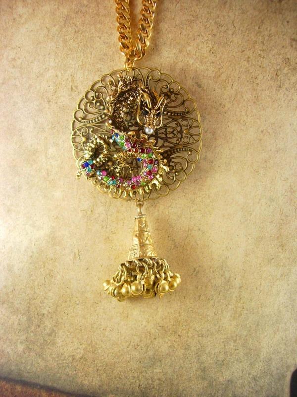 Chinese Rhinestone Dragon necklace with Tassel Statement necklace