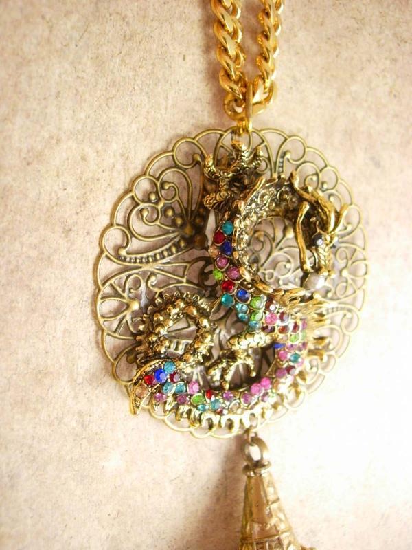 Chinese Rhinestone Dragon necklace with Tassel Statement necklace