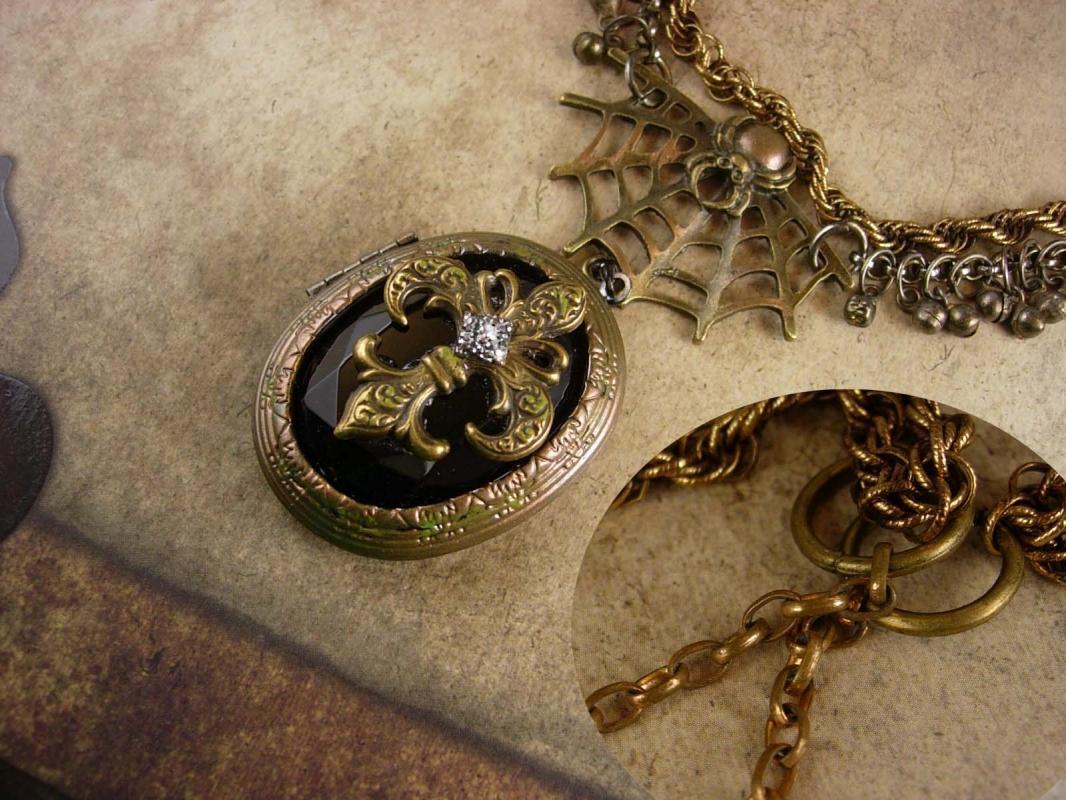 Steampunk Gothic Spider Web locket necklace Victorian Time traveler Marcasite Fleur de Lis