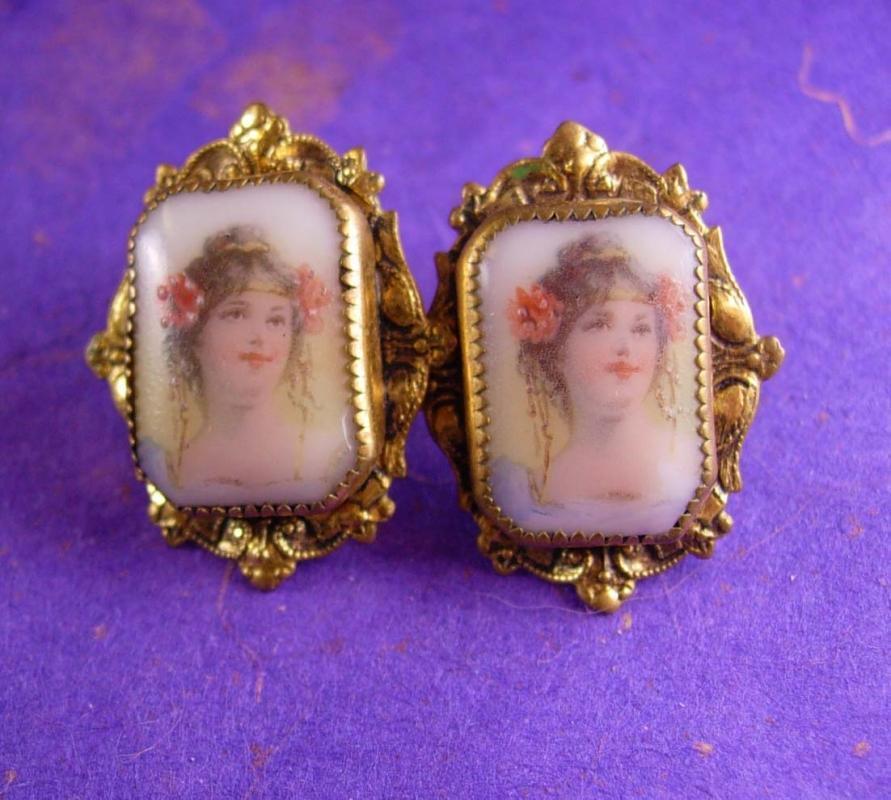 Antique Earrings Neoclassical PORTRAIT Victorian screw on porcelain womans face