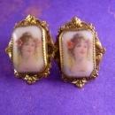 Antique Earrings Neoclassical PORTRAIT Victorian screw on porcelain womans face
