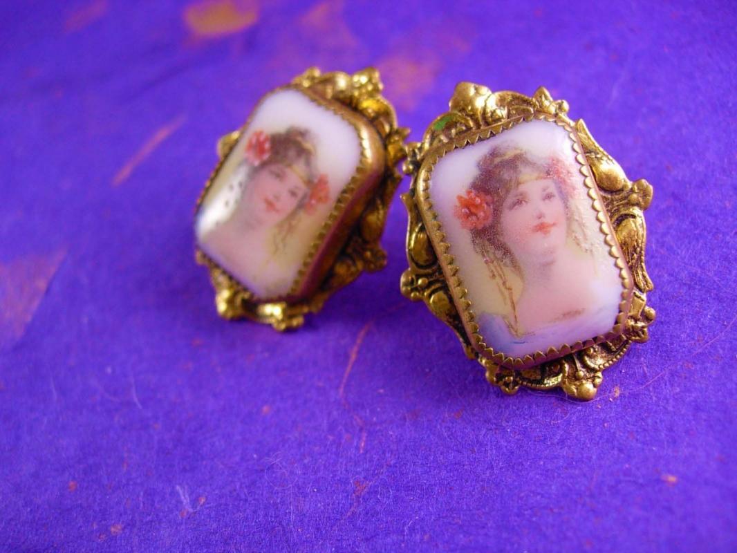 Antique Earrings Neoclassical PORTRAIT Victorian screw on porcelain womans face