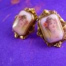 Antique Earrings Neoclassical PORTRAIT Victorian screw on porcelain womans face
