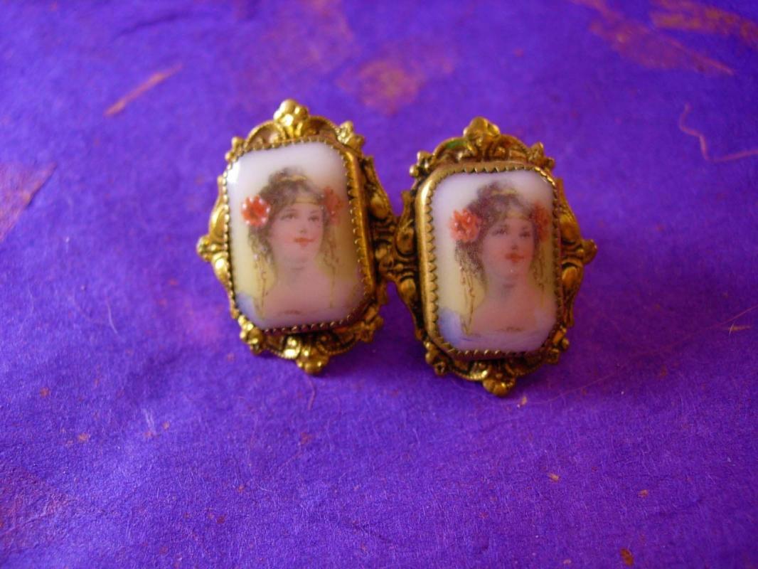 Antique Earrings Neoclassical PORTRAIT Victorian screw on porcelain womans face