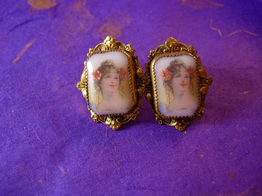 Antique Earrings Neoclassical PORTRAIT Victorian screw on porcelain womans face