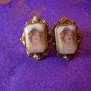 Antique Earrings Neoclassical PORTRAIT Victorian screw on porcelain womans face