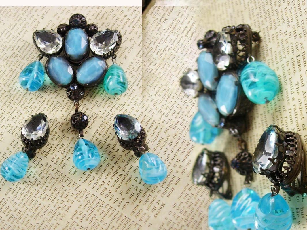 Rare Beauty Demi parure Brooch earrings poured dangle glass drops signed Austria