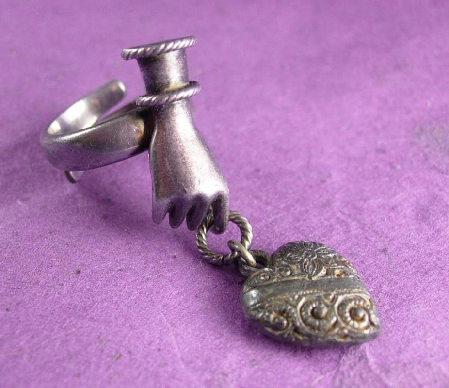 Antique Ring Sterling VIctorian HAND with puffed heart charm Signed Lross Germany