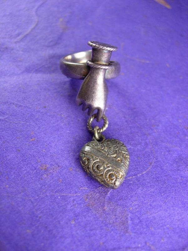 Antique Ring Sterling VIctorian HAND with puffed heart charm Signed Lross Germany