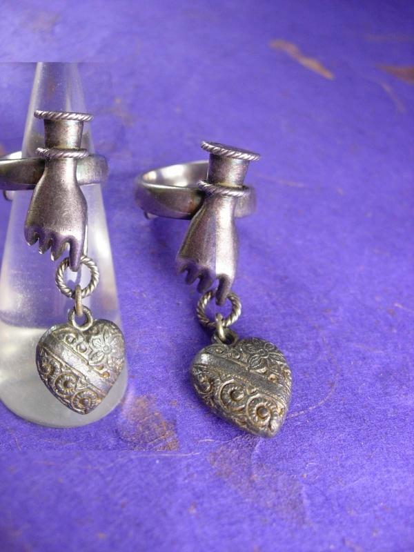 Antique Ring Sterling VIctorian HAND with puffed heart charm Signed Lross Germany