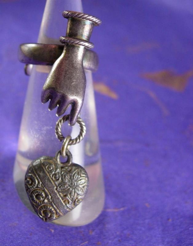 Antique Ring Sterling VIctorian HAND with puffed heart charm Signed Lross Germany