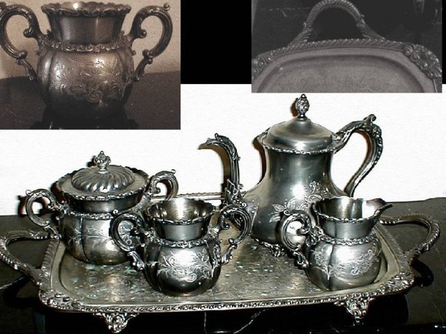 SIGNED Victorian Silver Tea set Tray 4pcs