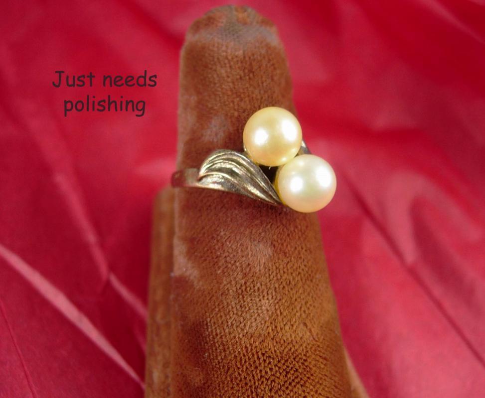 Vintage STERLING genuine TWO pearl RING size 6 gold nouveau design
