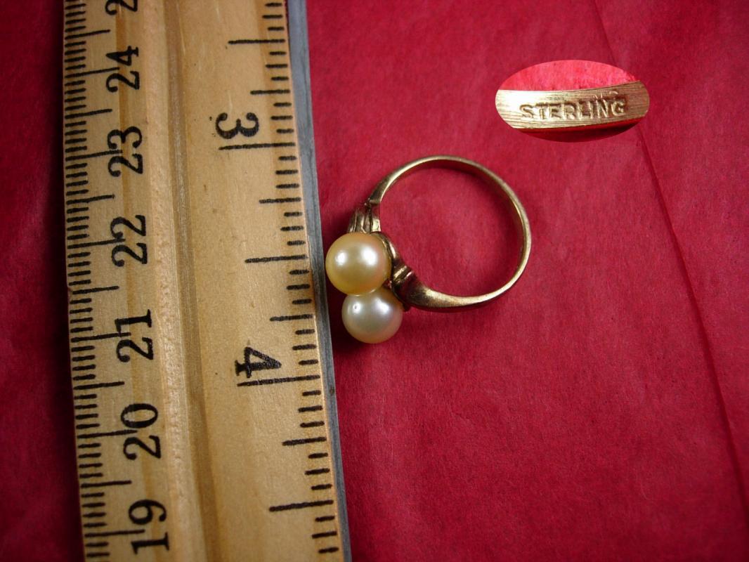 Vintage STERLING genuine TWO pearl RING size 6 gold nouveau design