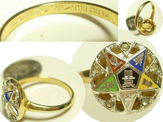 Vintage GOLD filled enamel rhinestone Eastern Star masonic Ring with HISTORY various size