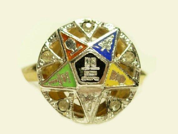 Vintage GOLD filled enamel rhinestone Eastern Star masonic Ring with HISTORY various size