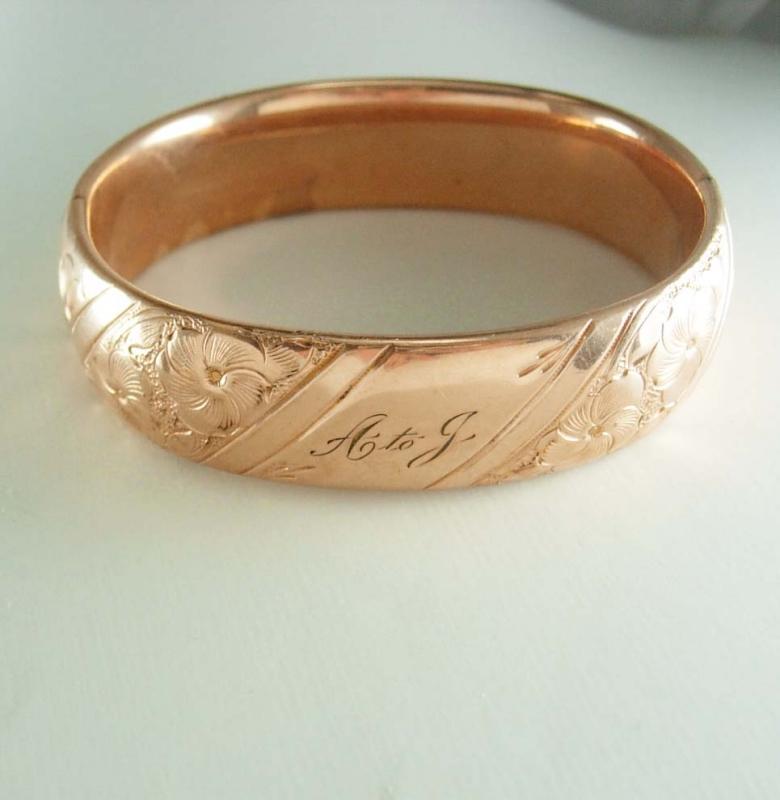 Antique ROSE gold filled WIDE Victorian bracelet sweetheart bangle Ornate design