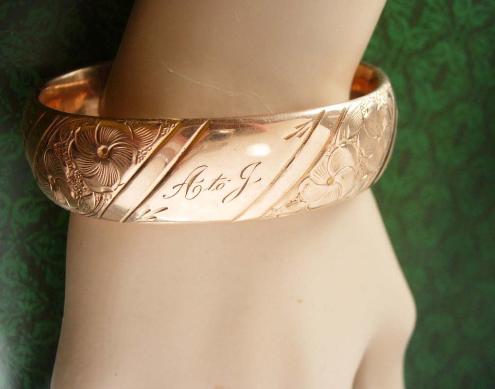 Antique ROSE gold filled WIDE Victorian bracelet sweetheart bangle Ornate design
