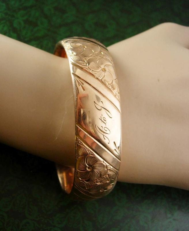 Antique ROSE gold filled WIDE Victorian bracelet sweetheart bangle Ornate design